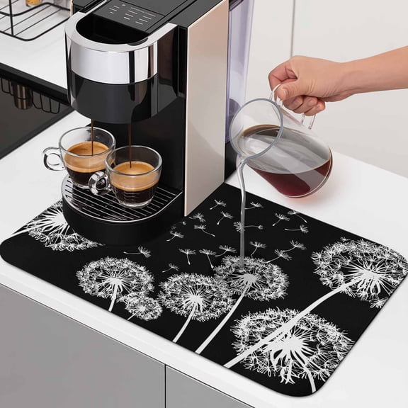 Dandelion Plants Dish Drying Mats for Kitchen Counter, Vintage White Dandelions Blossom Flying Fluffy Black Back Absorbent Coffee Mat with Non-slip Rubber Backed Quick Drying Dish Rack Pad 16"x24"
