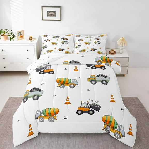 Manfei Equipment Truck Bedding Comforter Set,Kids Bulldozer Twin Comforter Sets,Yellow White Bedding Set For Boys Teens,Breathable Home Decor Reversible,2-Piece