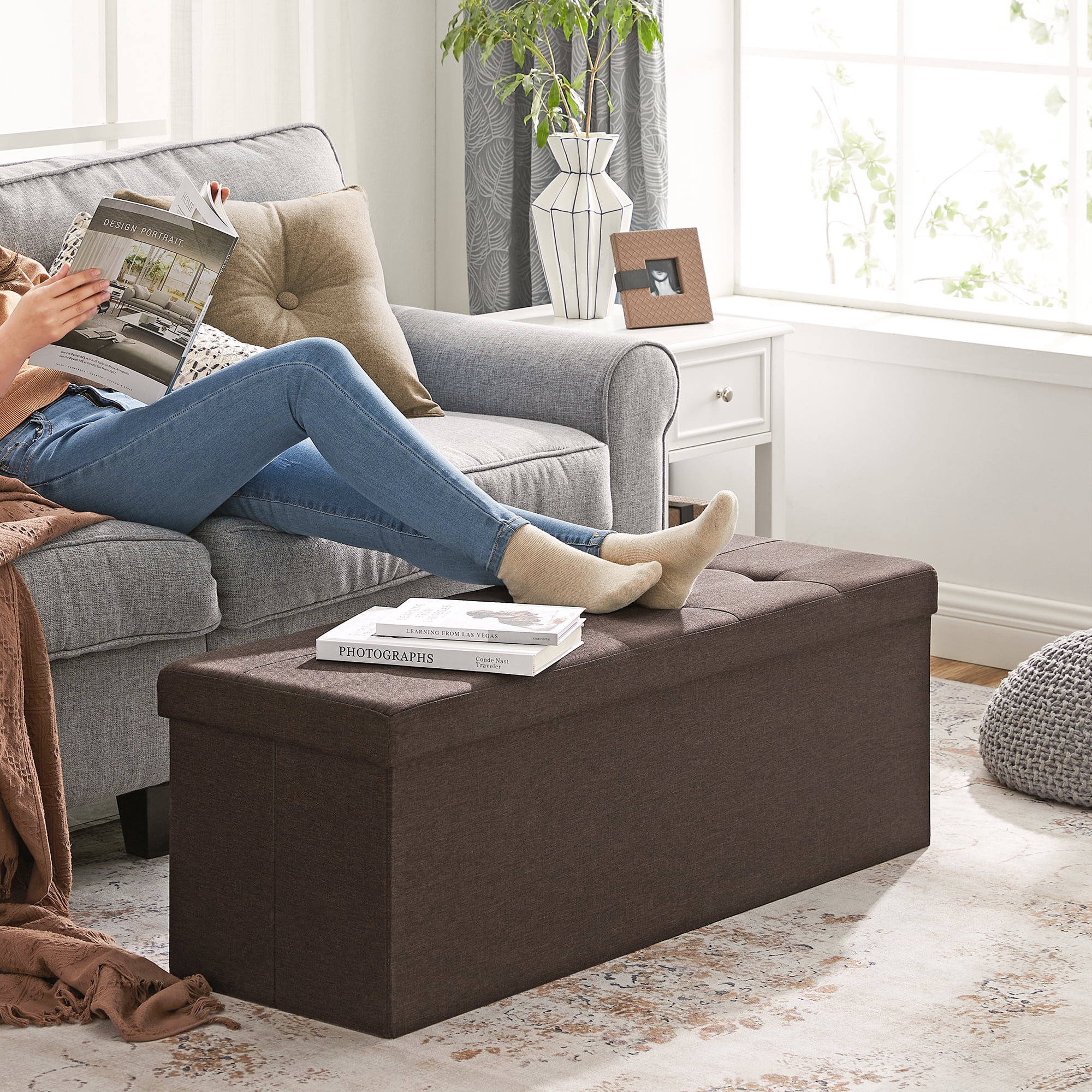SONGMICS 43" Storage Ottoman Bench Hold up to 660lb Ottoman with Storage Brown