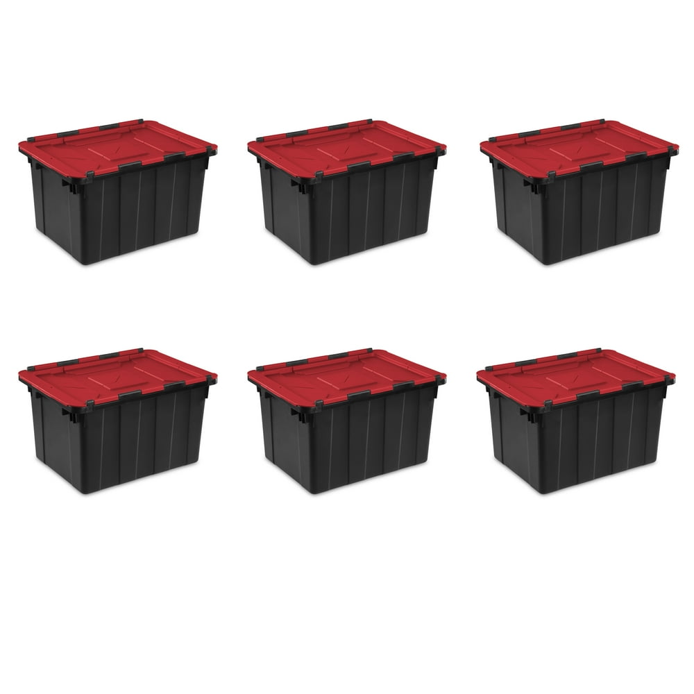 Sterilite Plastic 12 Gallon Hinged Lid Industrial Tote Black Set of 6