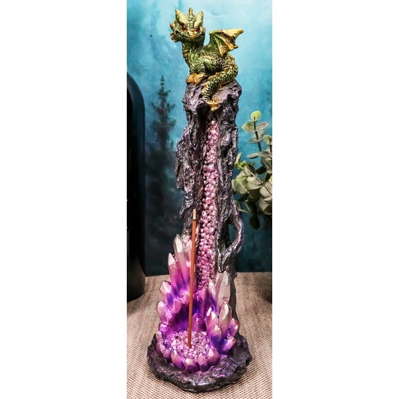 Green Gaia Baby Dragon Guarding Faux Geode Crystal Rock Pillar Incense Burner