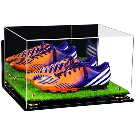 Acrylic Shoe Displays - Deluxe Acrylic Large Shoe Pair Display Case for Basketball Shoes Soccer Cleats Football Cleats with Mirror, Wall Mount, Gold Risers and Turf Base (A082-GR)