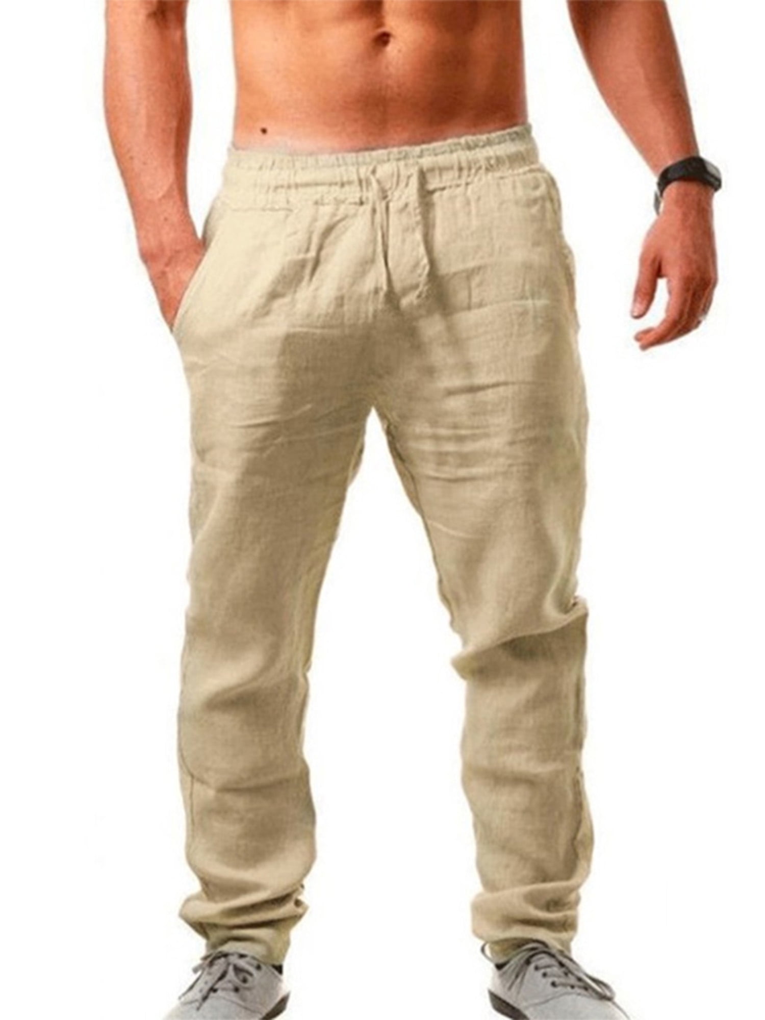 Men's Linen Trousers Drawstring Beach Casual Holiday Yoga Summer Gym Baggy Pants 