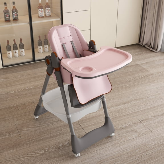 Noble House Adjustable Baby High Chair with Tray, Safety Harness & Lockable Wheels, Pink