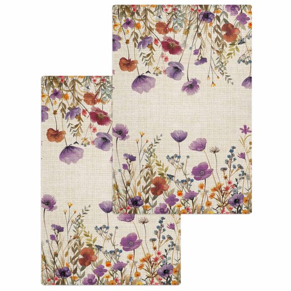 Purple Red Spring Floral Kitchen Dish Towels for Drying Dishes Set of 2, Watercolor Botanical Summer Flowers Waffle Weave Microfiber Hand Tea Bathroom Towels Quick Dry & Absorbent Towel 15.7x23.6