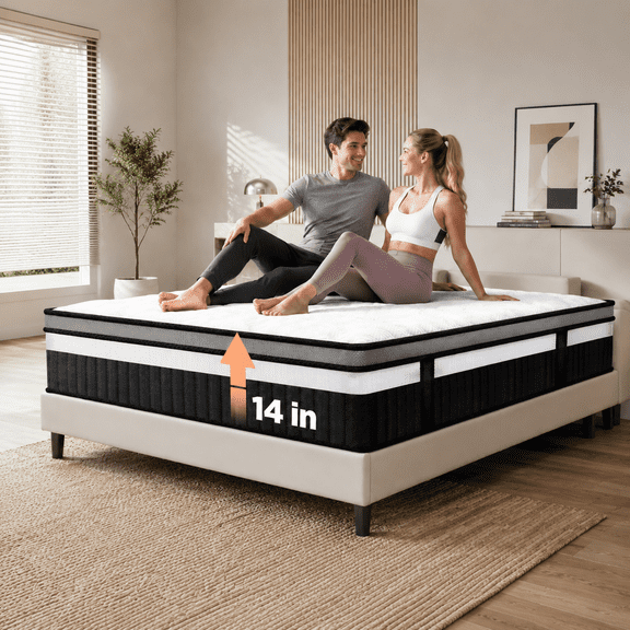 14 Inch king Size Mattress, Gel Memory Foam Mattress w/ Pressure Relief Support, Medium Firm Mattress in a Box, Cooling Breathable Foam Mattress with Pocket Spring System