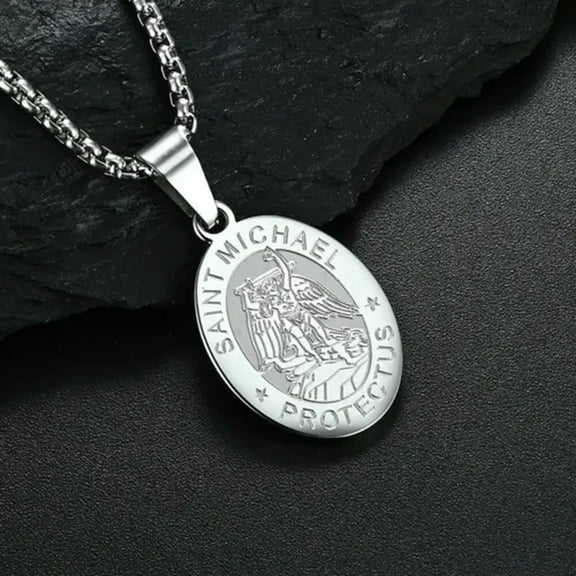 QQTDFG Men Pendant Necklace Vintage Stainless Steel Archangel St Saint Michael Chain-Silver