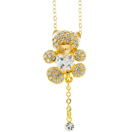 Champagne Gold Plated Necklace with Teddy Bear Design with a 16 Extendable Chain and High Quality Clear Crystals by Matashi