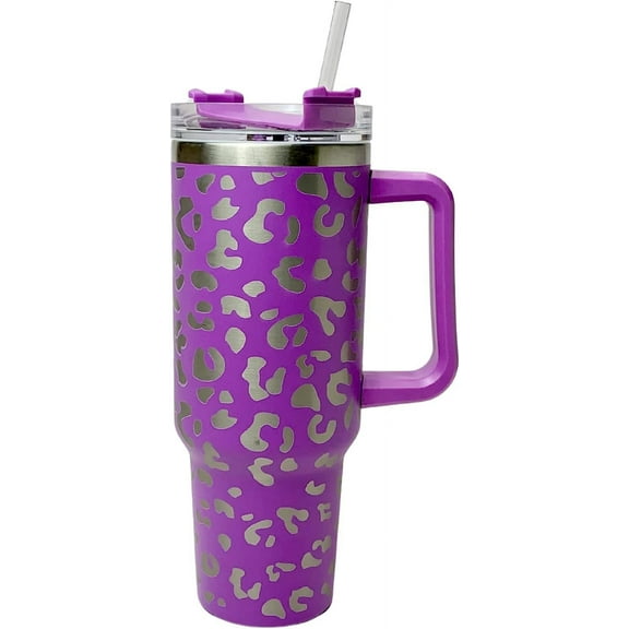 Lashicorn 40 Oz. Tumbler with Handle and Straw Purple Leopard Silver 10 tall Cup lid included Insulated Stainless Steel Vacuum Travel Mug Boutique Cheetah Print Purple
