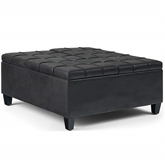 Harrison 36 inch Wide Transitional Coffee Table Storage Ottoman in Distressed Black Vegan Leather