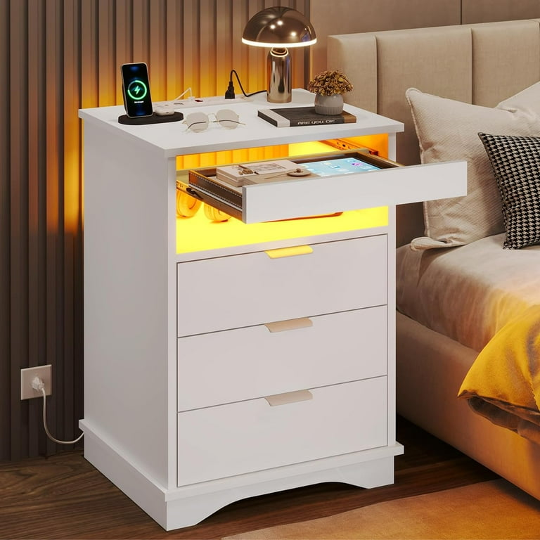 White nightstand with pull out tray discount