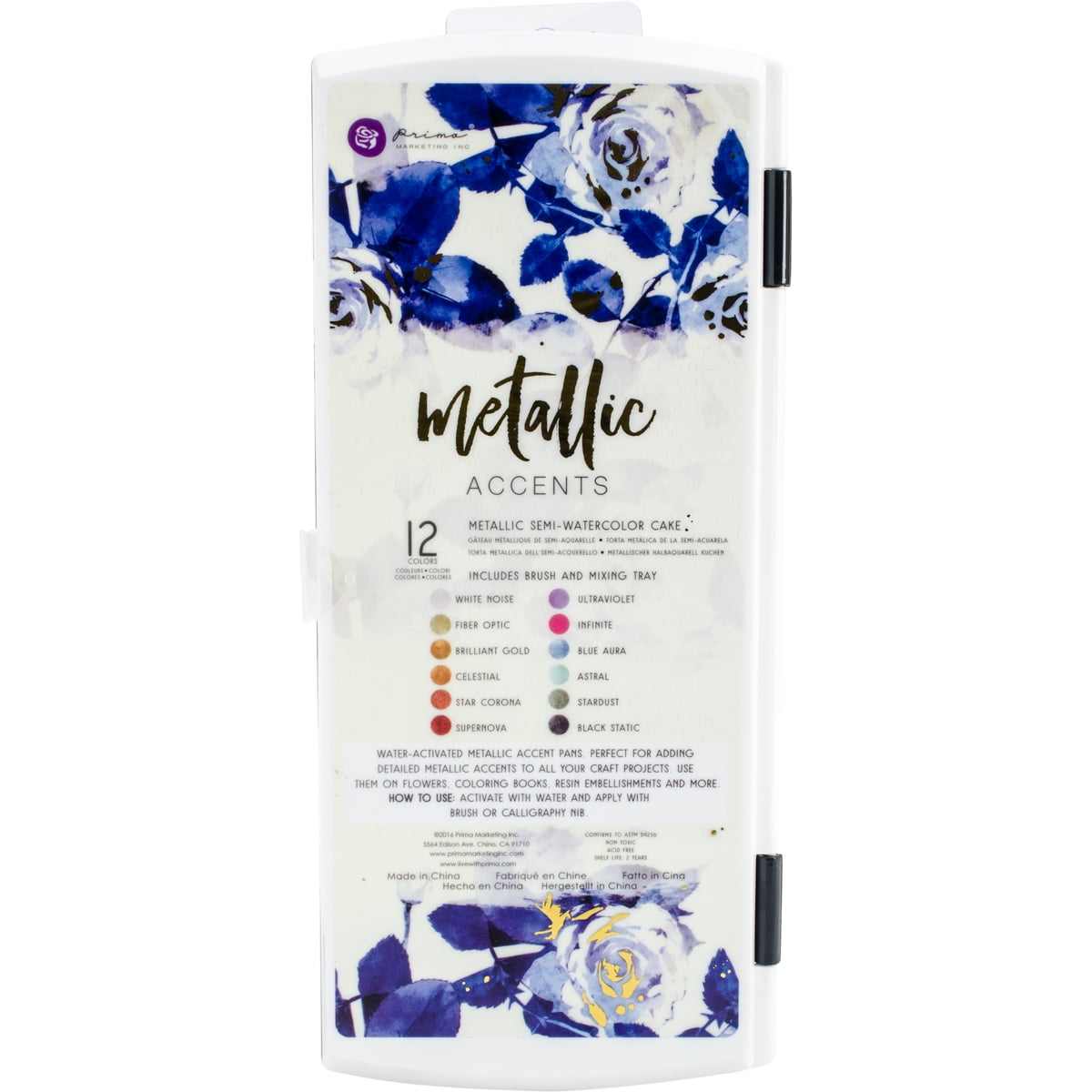 Prima Metallic Accents Semi-Watercolor Paint Set-12 Cakes & Brush