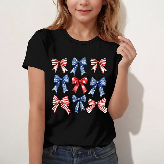 Frnrwgo Girls Red White and Blue T-shirts Boys American Flag Shirt Patriotic Top Short Sleeve Tees 3-16 Years, Black