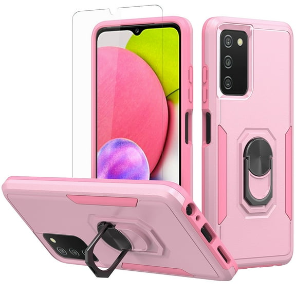 NIFFPD Galaxy A03S Case with Screen Protector, Shockproof Phone Cover Case with Ring Kickstand for Samsung Galaxy A03S Pink
