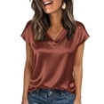 thumbnail image 2 of Women Silk Satin Cap Short Sleeve Blouse Tops V Neck Shirts Business Casual Tshirts Coffee 2XL, 2 of 6