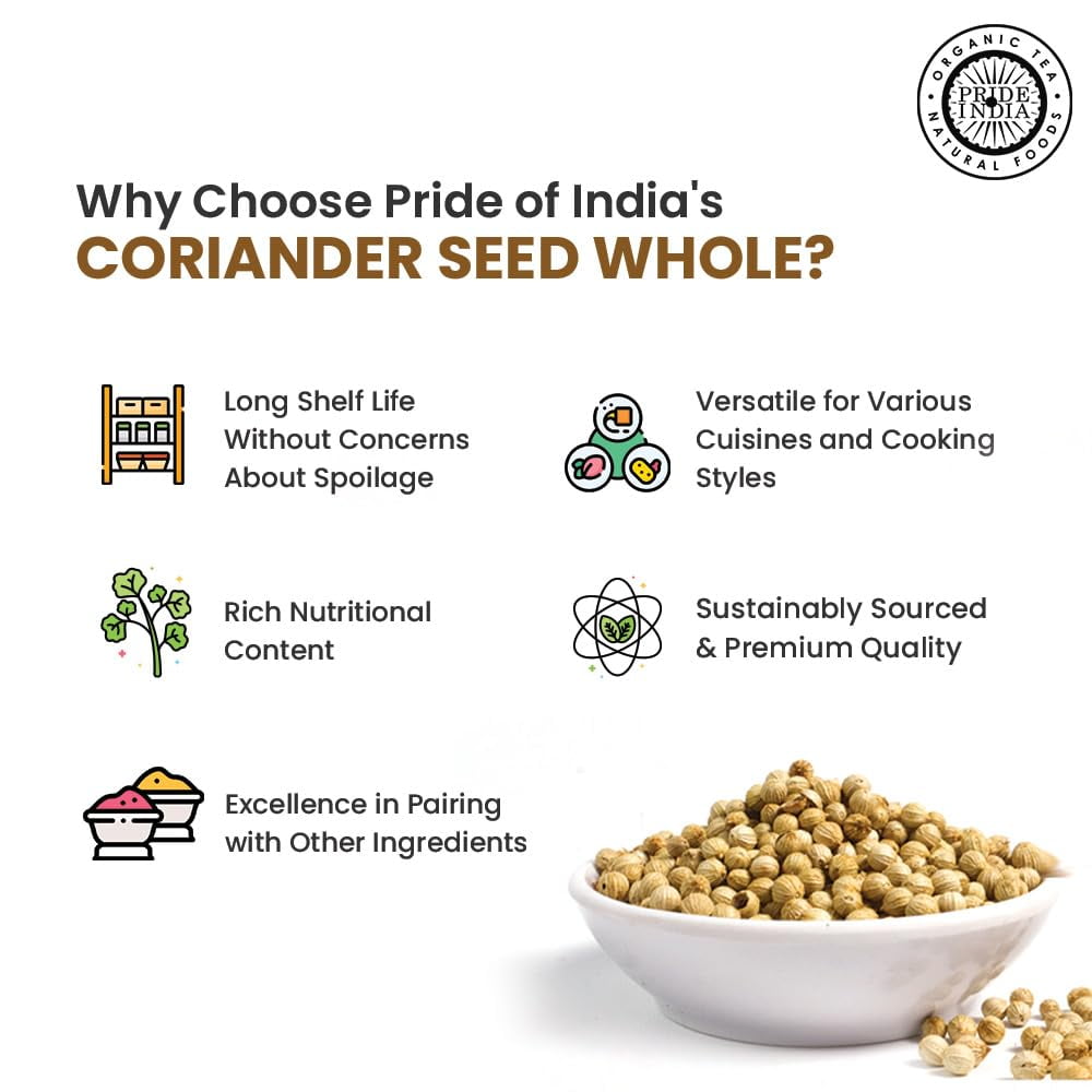 Pride of India - PACK of 6 - Coriander Seed Whole – Fresh & Gourmet Indian Whole Spice – Good for Curries/Meat/Chicken – Easy to Use – 1.4 oz. Small Dual Sifter Bottle