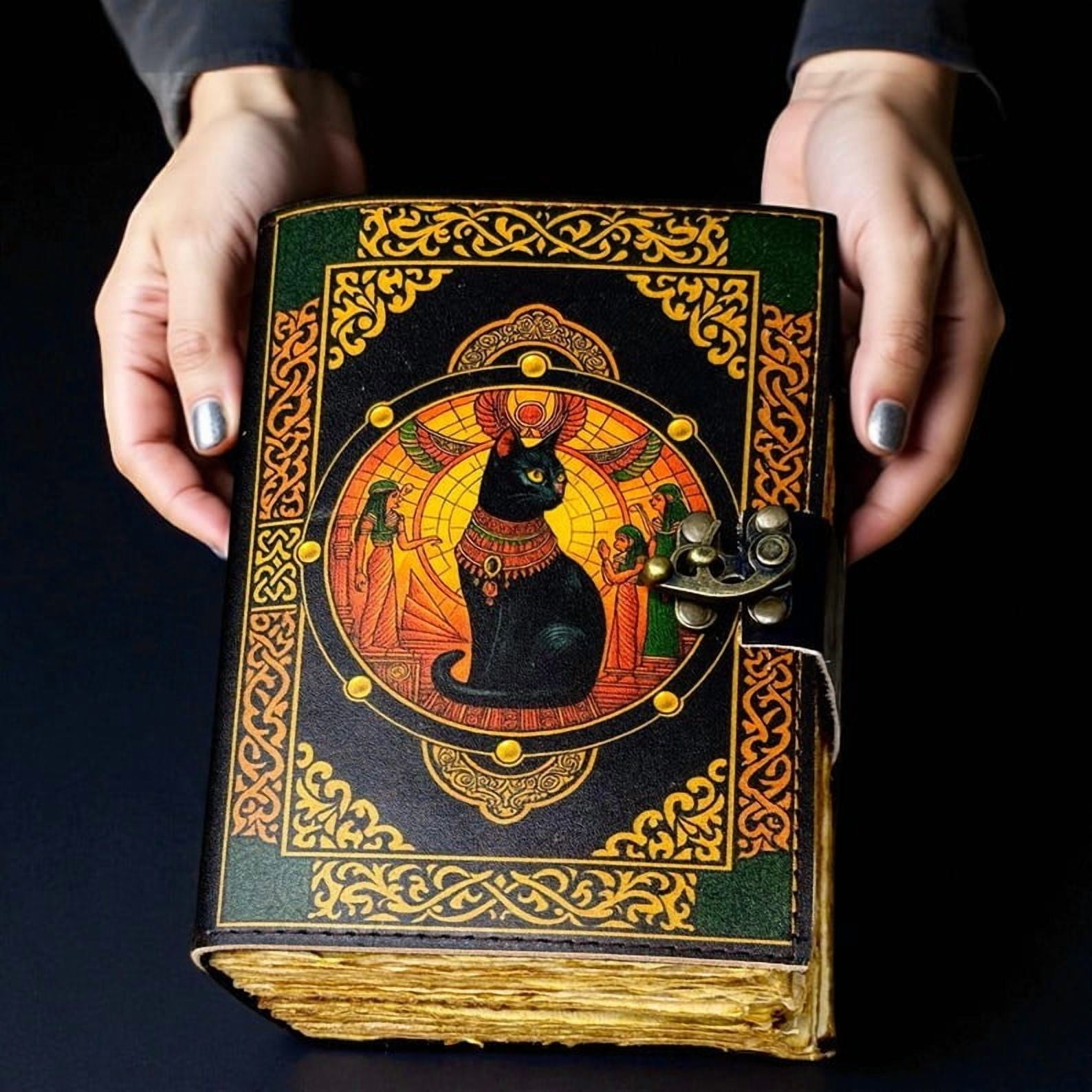 Handmade Leather Journal with Egyptian Cat Artwork – 5x7 Inch Vintage Notebook, 200 Pages of Handmade Paper, Antique Latch – Writing, Sketching & Gift Diary