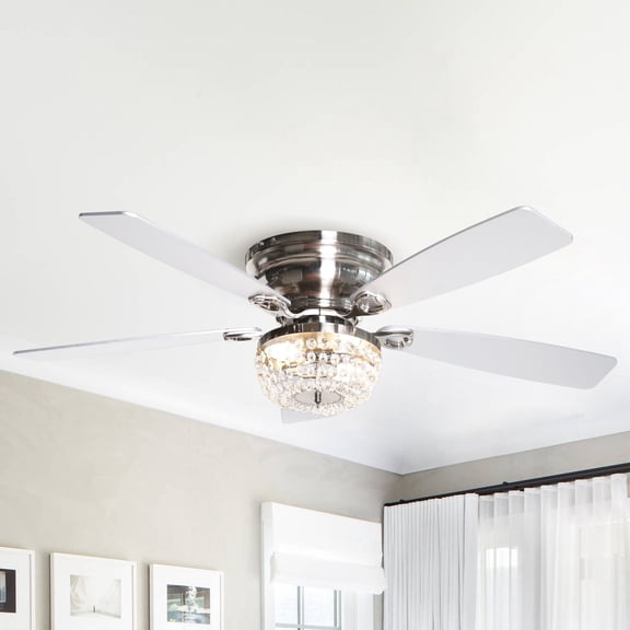 48-in Modern 5-Blade Silver Crystal Low Profile Flush Mount Ceiling Fan with Remote and Light Kit - 48 Inches