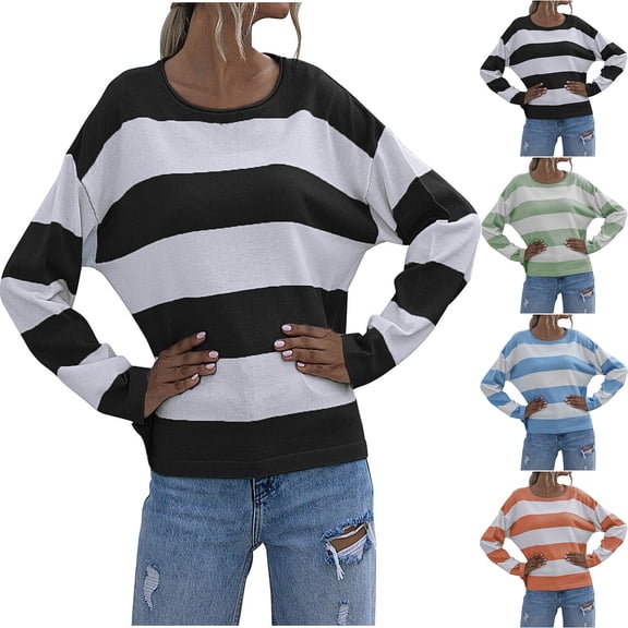 Danhjin Women's Striped Sweaters Color Block Casual Tops Long Sleeve Crew Neck Pullover Fall Winter Fashion Comfy Soft Shirts Loungewear Outdoor Knitwear Blouses
