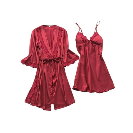 FOCUSNORM 3Pcs Women´s Silk Satin Pajamas Robe Lingerie