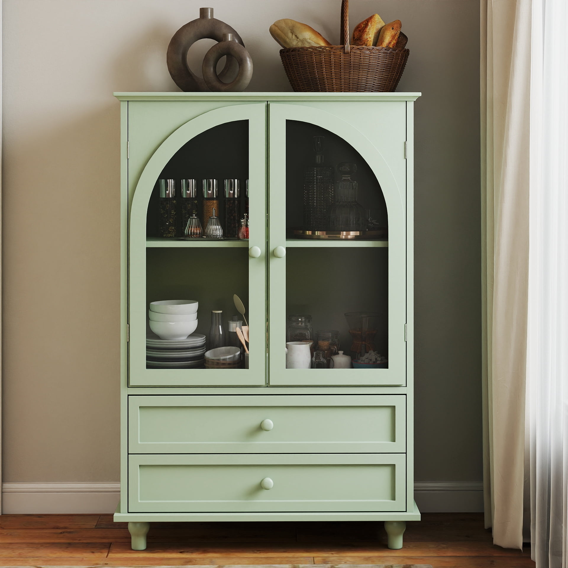 Farmhouse Storage Cabinet, Arched Tempered Glass Door Buffet Sideboard with Tiered Top, 2‑Drawer Pantry Cabinet for Kitchen Dining Living Room Entryway Coffee Bar
