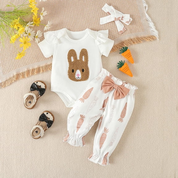 Conairie Infant Baby Girls 3PCS Easter Outfit Short Sleeve Bunny Embroidery Romper and Pants with Hairband Set Newborn Clothes Coffee 6 M-12 M