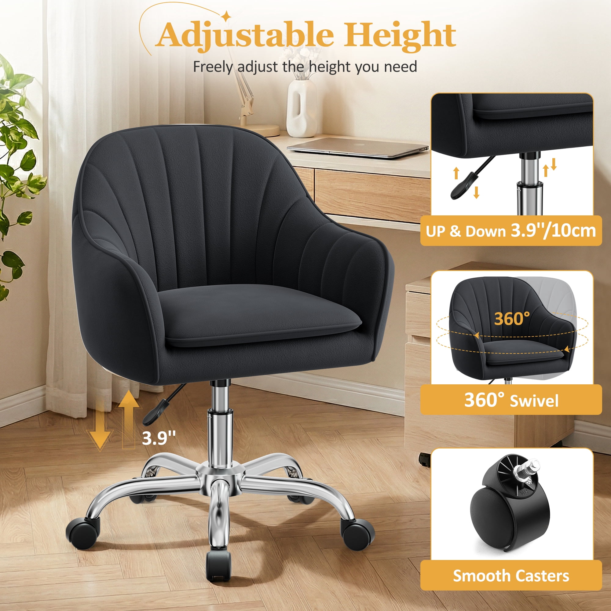 COOLHUT Office Desk Chair with Padded, Velvet Vanity Chair with Back and Wheels, Home Office Chiar with Sliver Legs, Height Adjustable, Rolling Chair for Vanity Room, Makeup Room, Bedroom, Black