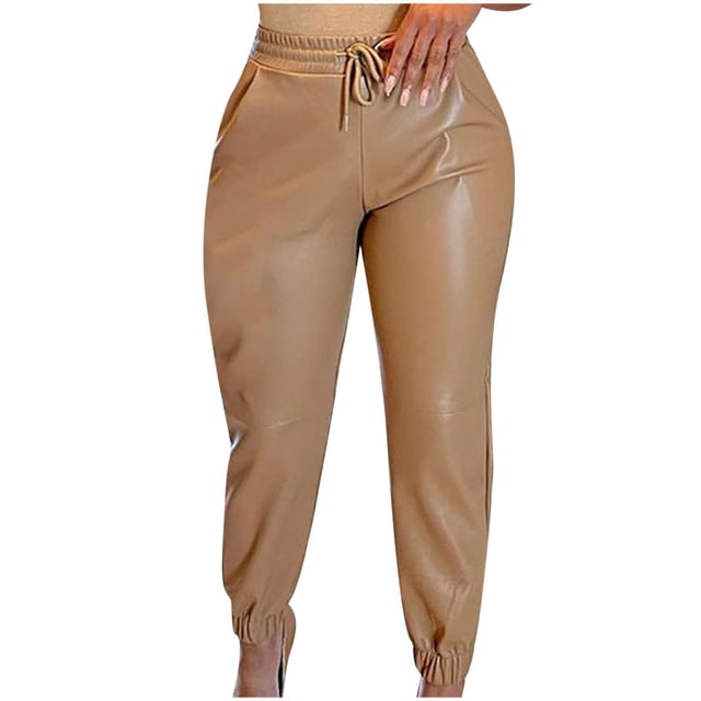 Yuyuzo Plus Size Leather Pants Women Drawstring Elastic High Waisted Jogger Pants with Pockets