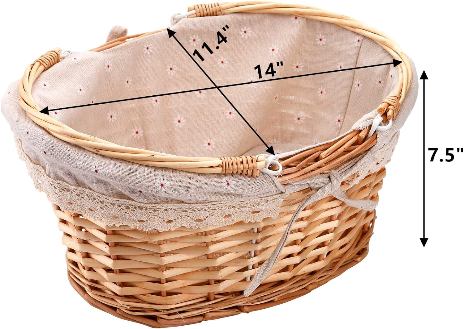 Wicker Picnic Basket, Woven Empty Easter Basket for Gifts, Picnic Hamper with Double Folding Handles, Willow Garden Harvest Basket with Linen for Candy, Egg Gathering, Toys, Wedding