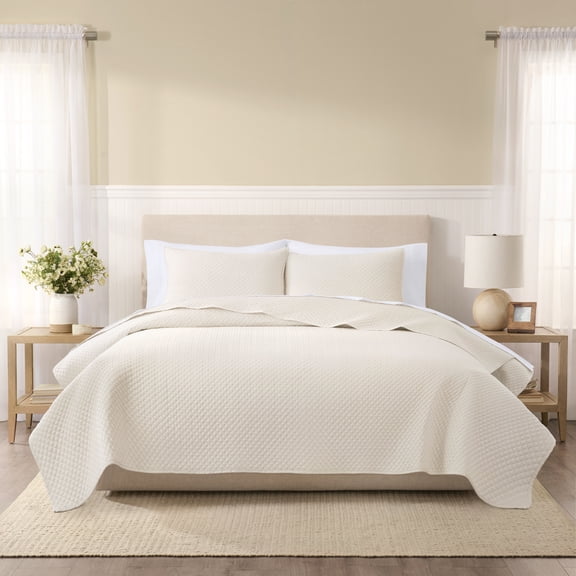 Wamsutta 1846 Cotton Tencel 3-Piece Gardenia Diamond Stitch Quilt Set, Full/Queen