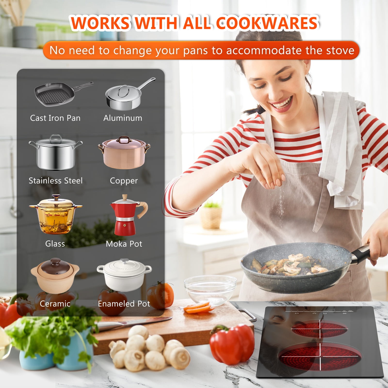 GRACEALL 2000W 12in Electric 2 Burner Cooktop, Infrared Cooktop With 2 Burners for Cooking, 120V Ceramic Glass Stove, Built-in or Countertop Compatible