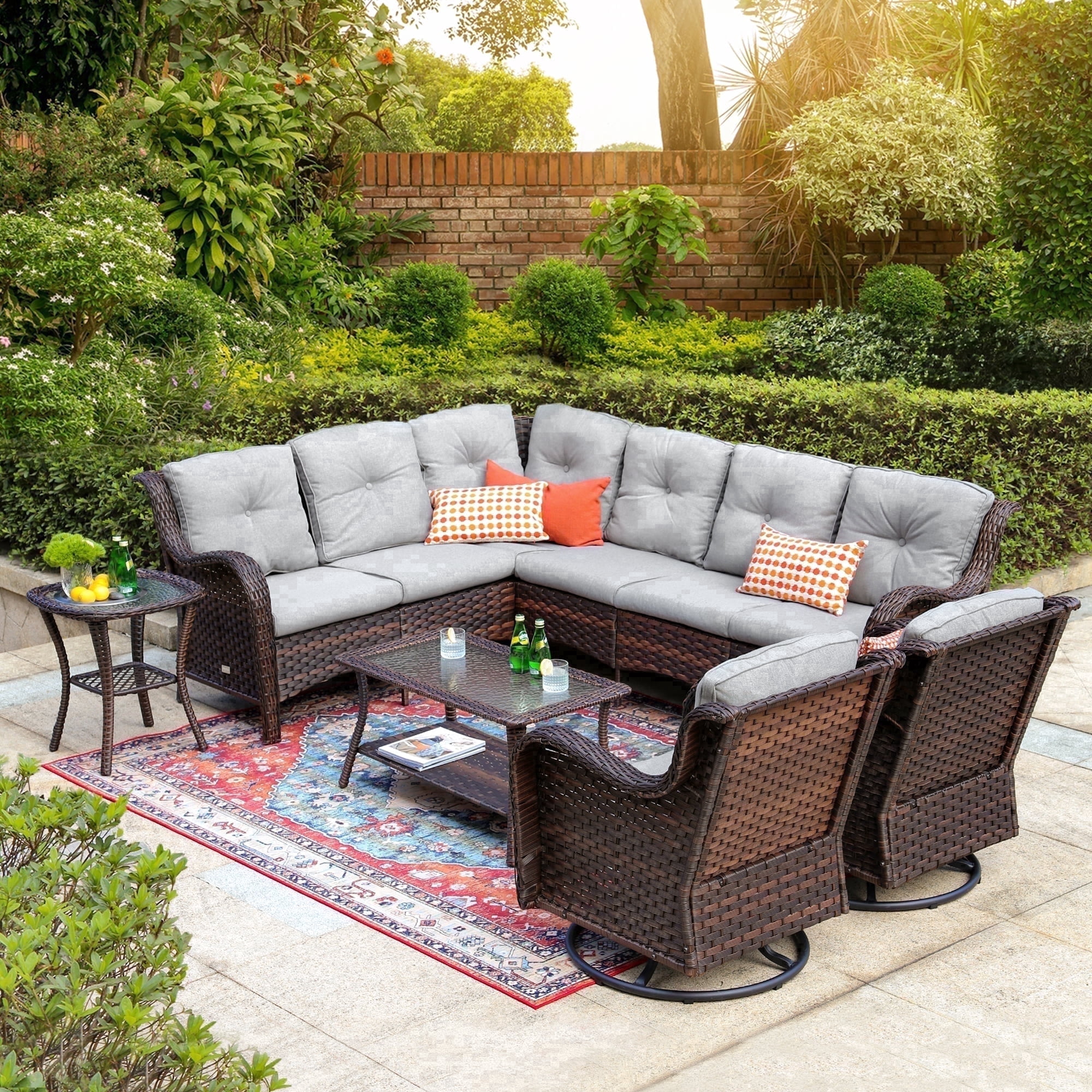 Baner Garden 10 Pieces Outdoor Patio Furniture All-Weather Wicker Sectional Conversation Set with 2 Swivel Chairs & 2 Coffee Tables