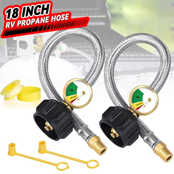 18 Inch RV Propane Hoses with Gauge, Camper Propane Hose with Gauge Stainless Steel Braided, 1/4" Male, 40Lb 250PSI, NPT x QCC1 Fittings (2 Pack)