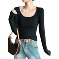 thumbnail image 2 of Women Long Sleeve Shirts Square Neck Tops Ribbed Knit Basic Crop Tops Fall Outfits Fashion Clothes Black L, 2 of 7