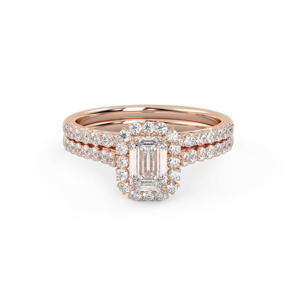 AFFY Halo Solitaire Bridal Ring Set for Women Center 6x4mm Emerald and Round Cut Lab Created Moissanite Engagement Wedding Rings In 14K Rose Gold Plated 925 Sterling Silver Size-9