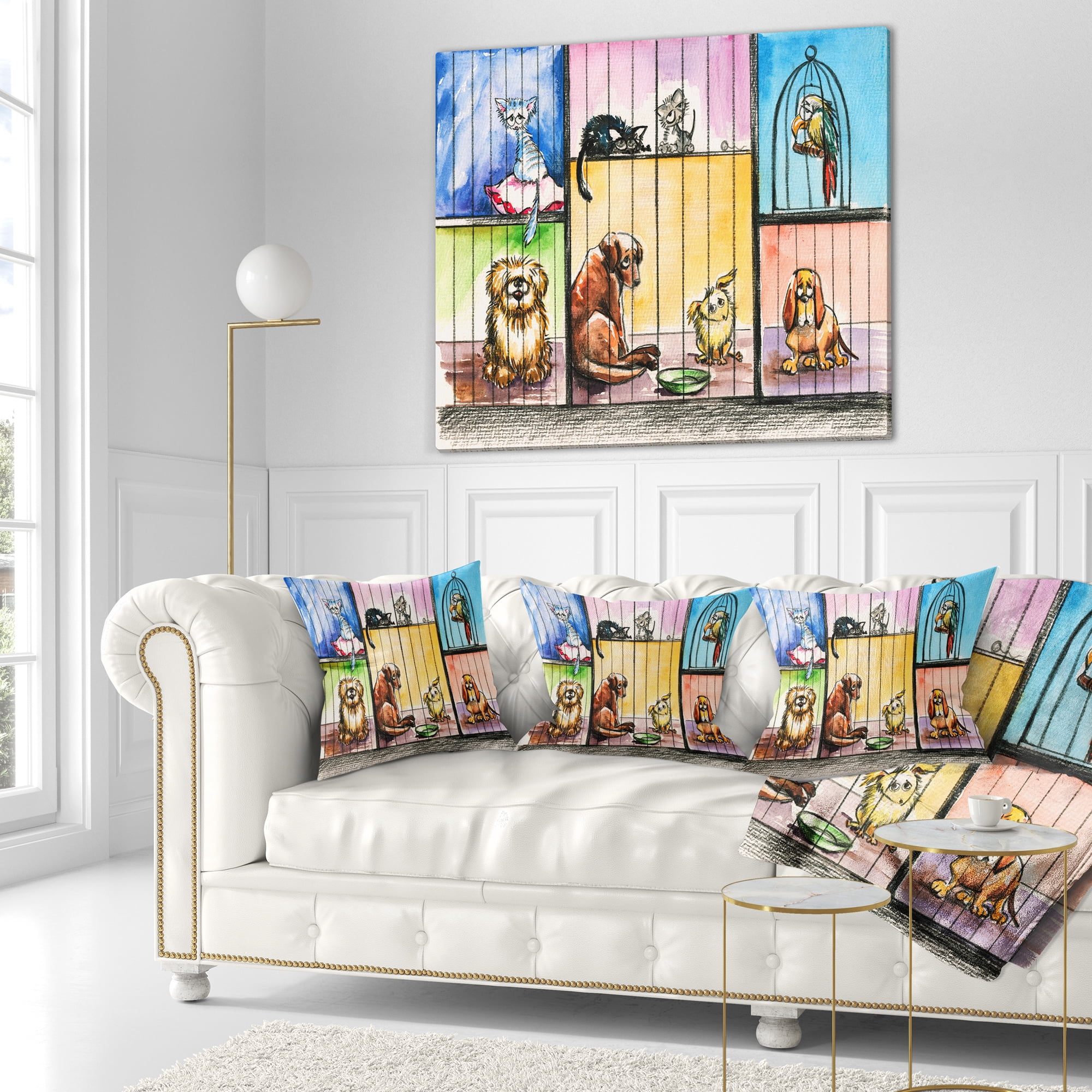 Designart Sad Animals in the Pound - Abstract Throw Pillow - 16x16