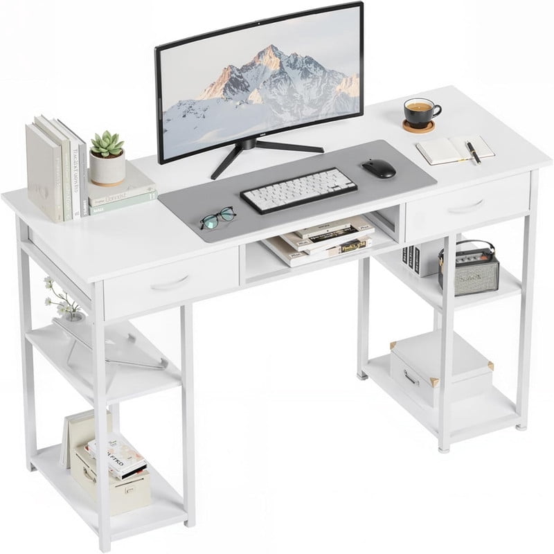 Kelno 48 Inch Computer Desk with Storage Shelf 2 Fabric Drawer Vanity Writing Table, White
