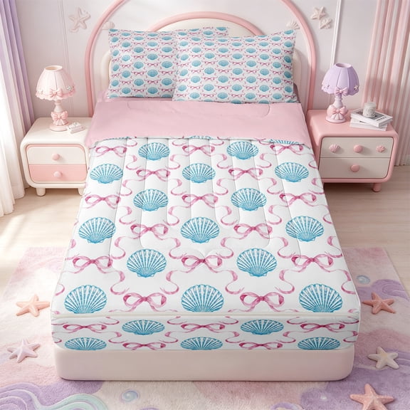 Manfei Ocean Cartoon Shell Zipper Twin Comforter Sets with Fitted Sheet and 2 Pillowcases,Pink Bowknot Zipper Bedding Set,Pink Reversible,4 Pieces
