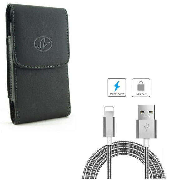 Case Belt Clip w Metal USB Cable for iPhone 8/7/6S/6/11 Pro - Leather Holster Cover Pouch Vertical, 3ft Charger Cord Power Wire Sync for iPhone 8/7/6S/6/11 Pro Models