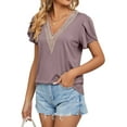 thumbnail image 4 of Womens Classic Tees Short Sleeve Summer Tops Lace V Neck Loose Fit Henley Shirts Casual Blouse, 4 of 6