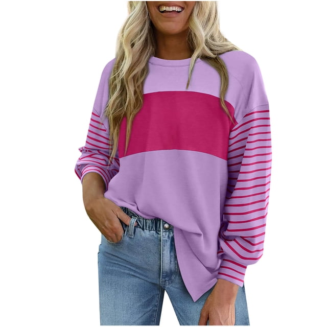 Amzcrzy Chandail en Molleton pour Femmes Col Rond Manches Longues T-Shirts Décontractés à Rayures Color Block Tuniques Basiques