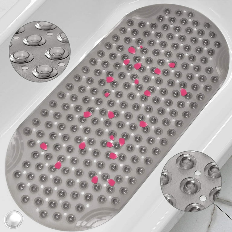 Cosmonic Bath Tub Mat, 39 x 16 Inches Non-Slip Shower Mats with Suction Cups and Drain Holes, Bathtub Mats Bathroom Mats Machine Washable, Clear, White