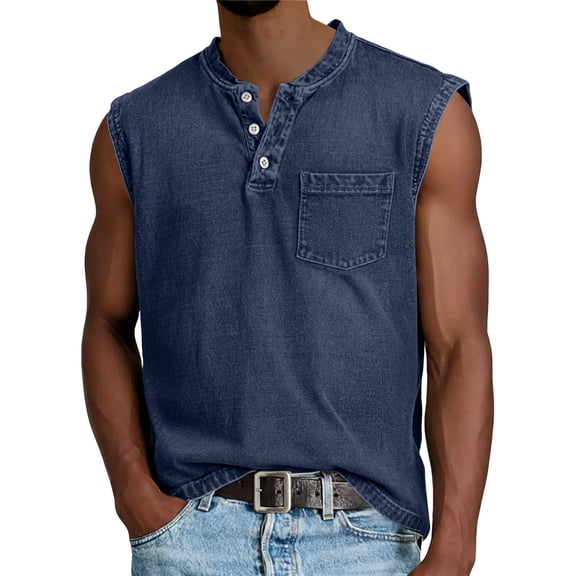 Zimjoy Mens Tank Tops Summer Casual Workout Loose Fit 3 Button Henley Shirts Lightweight Muscle Sleeveless Tee Shirts with Pockets Navy 2XL