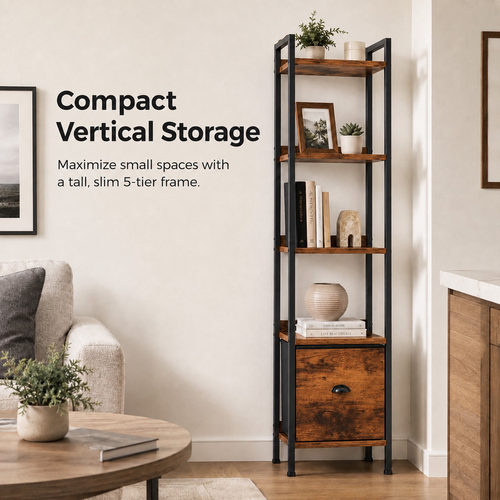 Alvantor 5-Tier Bookshelf, Industrial Bookcase with Drawer, Space-Saving Storage Bookcase for Bedroom, Living Room & Home Office