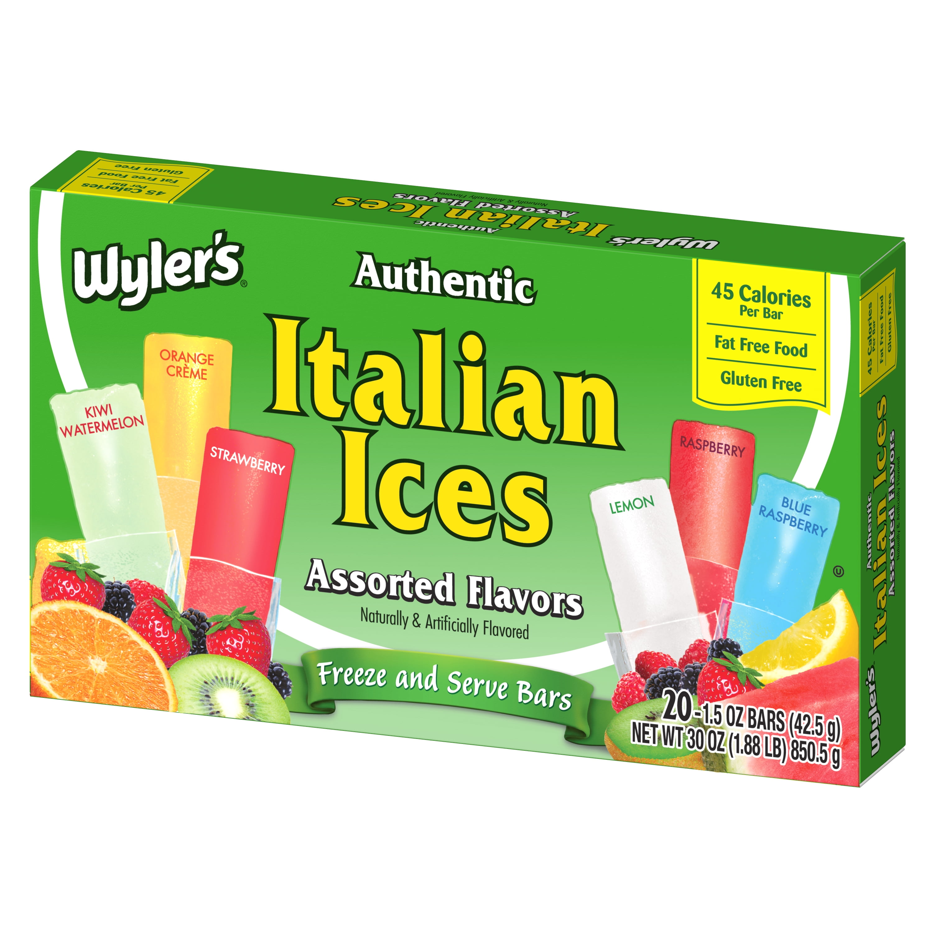 Wyler's Authentic Italian Ices Freeze and Serve Bars Variety Pack, Gluten-Free, 1.5 oz Bars, 20 Count
