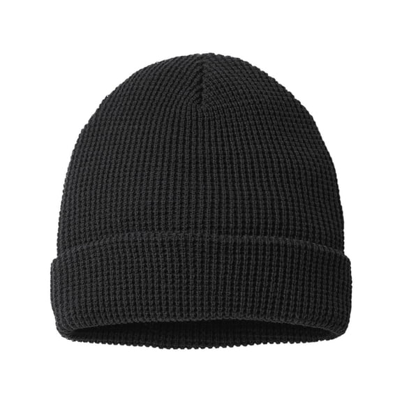 Richardson Waffle Cuffed Beanie, 100% Acrylic Unisex Warm Winter Hat (Black, One Size)