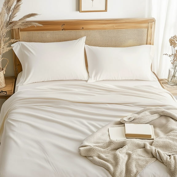 PURE ERA 100% Jersey Knit Cotton Sheets Set 4pcs Ultra Soft 20" Deep Pocket Fitted Sheet(Queen, Ivory)