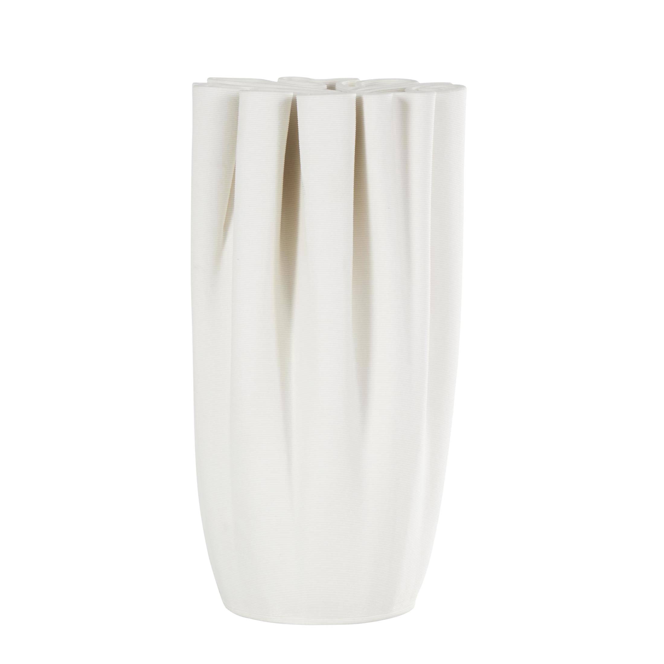 DecMode 10" Abstract Ribbed Dimensional Folded White Ceramic Vase with Compact Wavy Rim