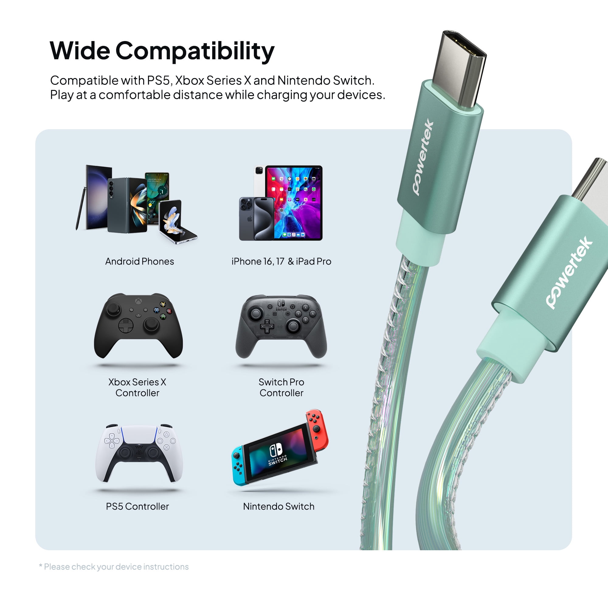 Powertek USB-C to USB-C (Type-C) Metallic Shine Pastel Fast Charging Cable, 60W, 6 ft, Mint