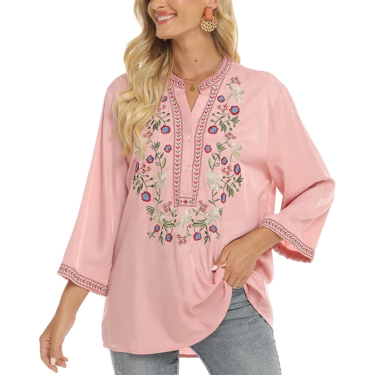 AK Women's Embroidered Mexican Shirt - 3/4 Sleeve V-Neck Boho Peasant Top, Loose Fit, 100% Viscose